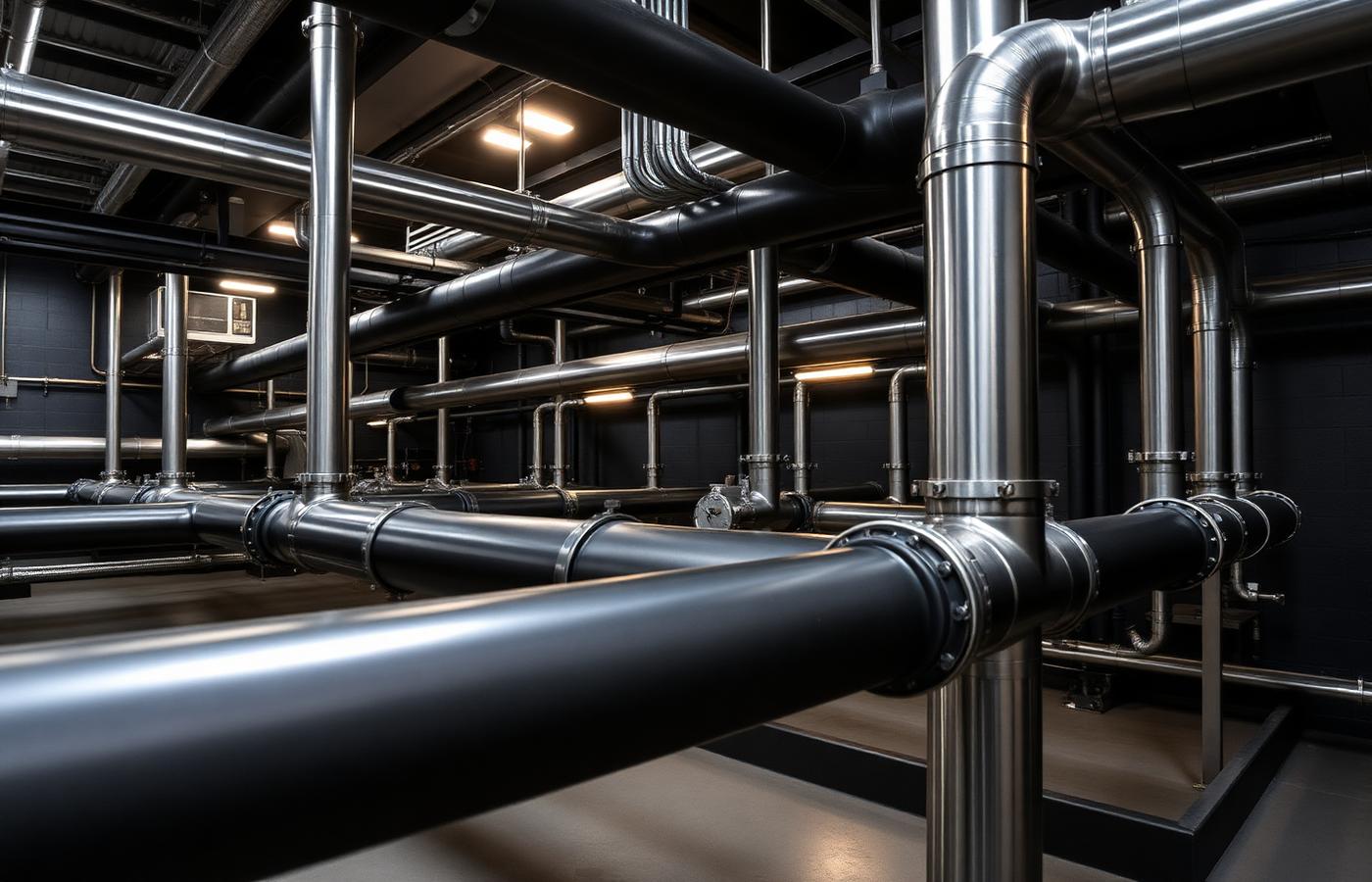 Industriële piping in RVS en PE in een waterzuiveringsinstallatie